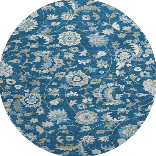 HomeRoots 8' Navy Blue Ivory & Beige Floral Round Washable Rug - Durable, UV-Protected, Ideal for Busy Homes 678991