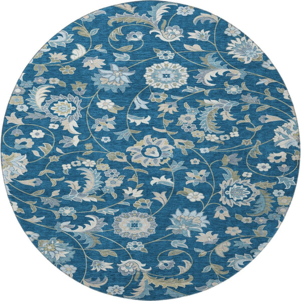 HomeRoots 8' Navy Blue Ivory & Beige Floral Round Washable Rug - Durable, UV-Protected, Ideal for Busy Homes 678991