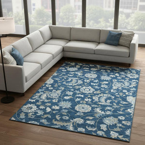 HomeRoots 8' X 10' Navy Blue Floral Washable Area Rug - Elegant, Stain Resistant & UV Protected for High-Traffic Spaces 678992