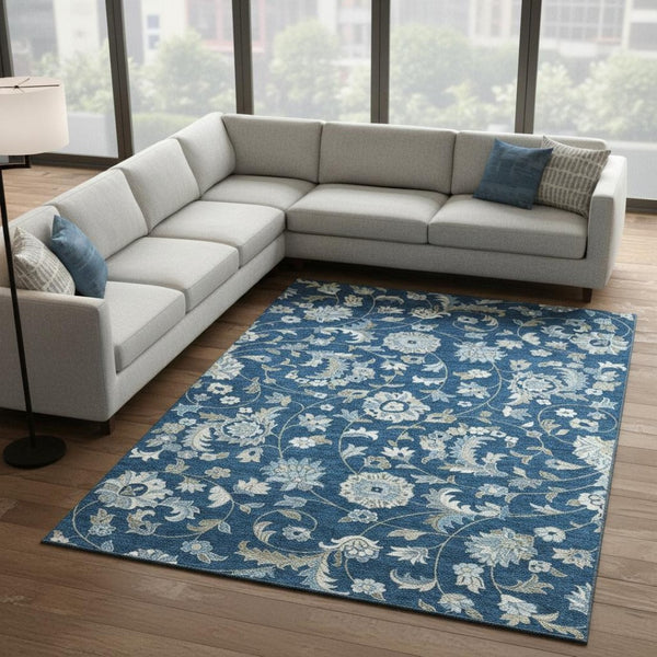 HomeRoots 8' X 10' Navy Blue Floral Washable Area Rug - Elegant, Stain Resistant & UV Protected for High-Traffic Spaces 678992