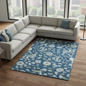HomeRoots 9' Navy Blue Floral Area Rug - Washable, UV Protected & Stain Resistant for Family-Friendly Spaces 678993