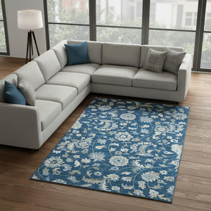 HomeRoots 10' Navy Blue Floral Washable Area Rug - Elegant UV-Protected Design for Living & Dining Spaces 678994
