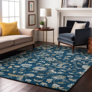 HomeRoots 10' Navy Blue Floral Washable Area Rug - Elegant UV-Protected Design for Living & Dining Spaces 678994