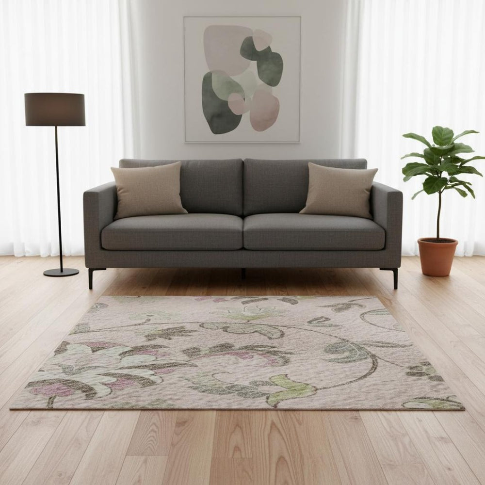 HomeRoots 5' X 8' Floral Washable Area Rug in Pink, Ivory & Gray - UV Protected, Durable & Easy Care for Homes 678996