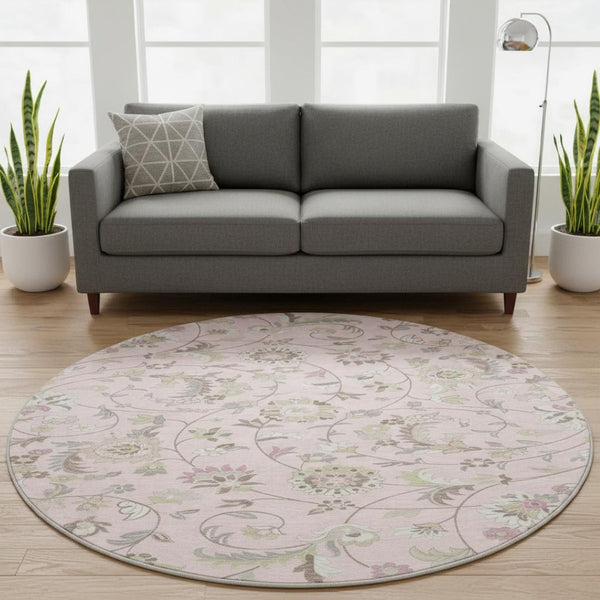 HomeRoots 8' Pink Ivory and Gray Floral Washable Round Rug - Durable, UV-Protected, Perfect for High-Traffic Areas 678997