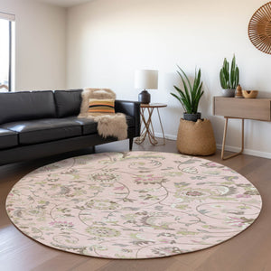 HomeRoots 8' Pink Ivory and Gray Floral Washable Round Rug - Durable, UV-Protected, Perfect for High-Traffic Areas 678997