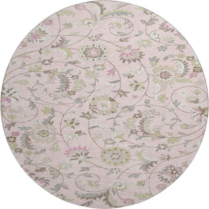 HomeRoots 8' Pink Ivory and Gray Floral Washable Round Rug - Durable, UV-Protected, Perfect for High-Traffic Areas 678997