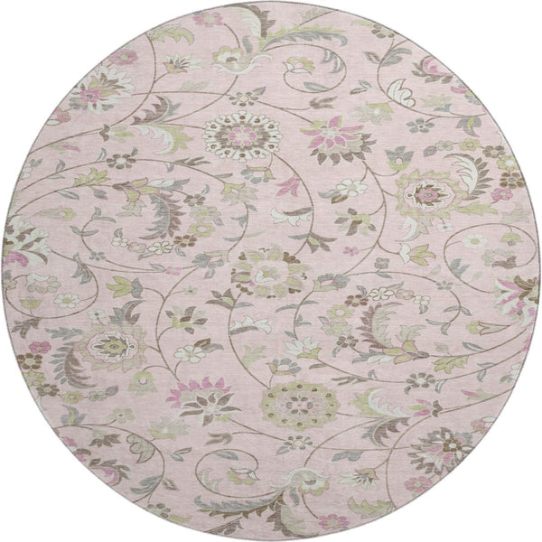 HomeRoots 8' Pink Ivory and Gray Floral Washable Round Rug - Durable, UV-Protected, Perfect for High-Traffic Areas 678997