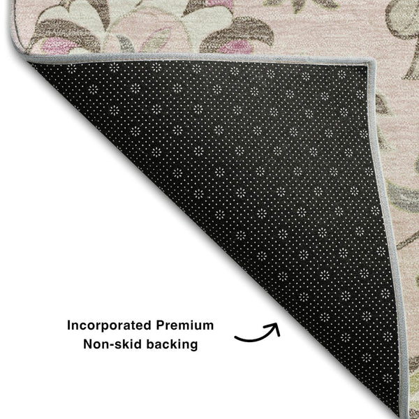 HomeRoots 8' Pink Ivory and Gray Floral Washable Round Rug - Durable, UV-Protected, Perfect for High-Traffic Areas 678997