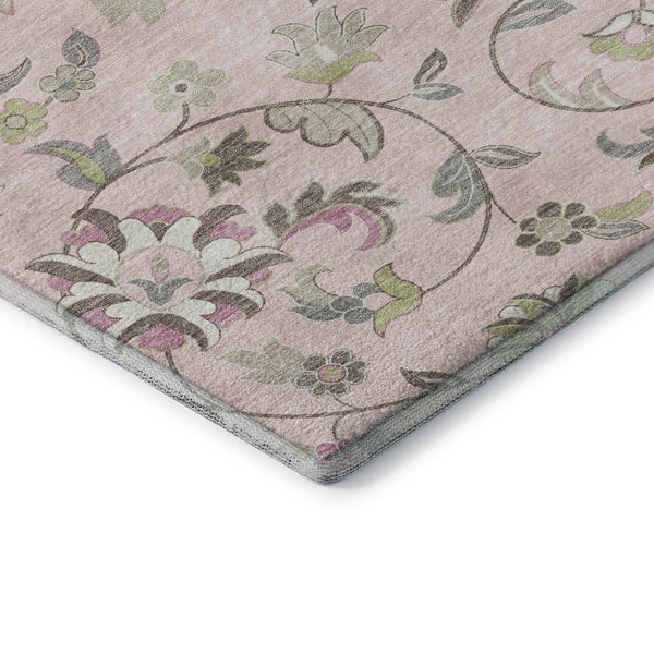HomeRoots 8' Pink Ivory and Gray Floral Washable Round Rug - Durable, UV-Protected, Perfect for High-Traffic Areas 678997