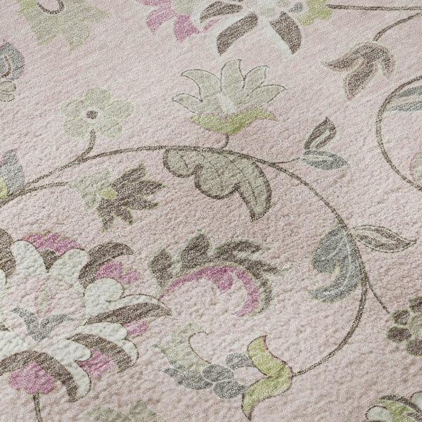 HomeRoots 8' Pink Ivory and Gray Floral Washable Round Rug - Durable, UV-Protected, Perfect for High-Traffic Areas 678997