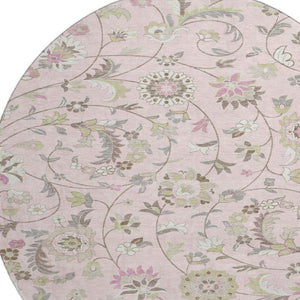 HomeRoots 8' Pink Ivory and Gray Floral Washable Round Rug - Durable, UV-Protected, Perfect for High-Traffic Areas 678997