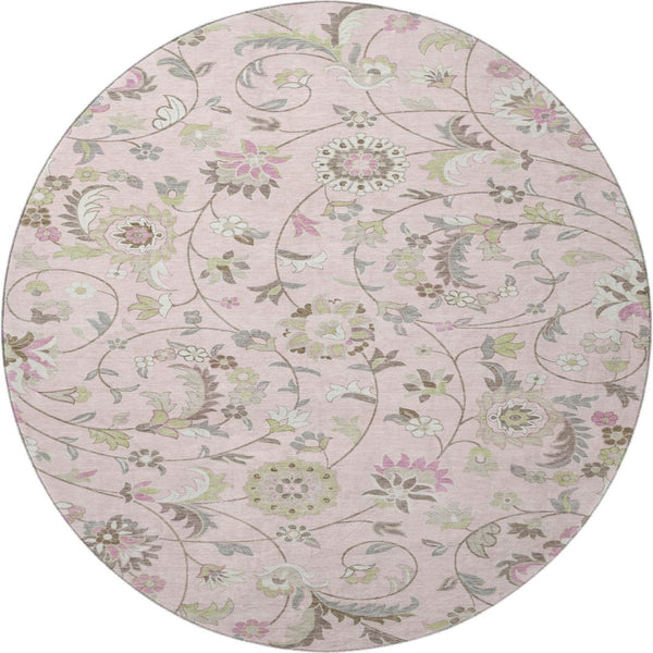 HomeRoots 8' Pink Ivory and Gray Floral Washable Round Rug - Durable, UV-Protected, Perfect for High-Traffic Areas 678997