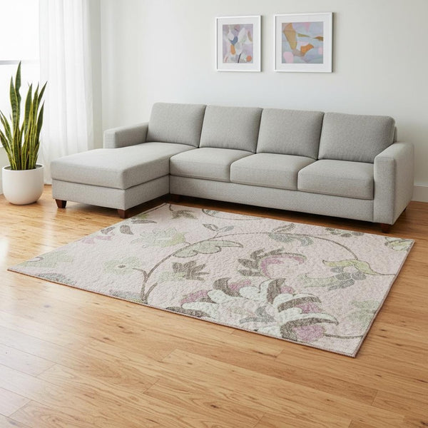 HomeRoots 8' X 10' Floral Area Rug in Pink, Ivory & Gray - Washable, UV-Protected, Stain-Resistant Design! 678998