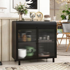 English Elm Modern Sideboard Buffet Cabinet Antique Black Steel Frame with Tempered Figured Glass Doors, Flip-Top Storage Console W3122P272901