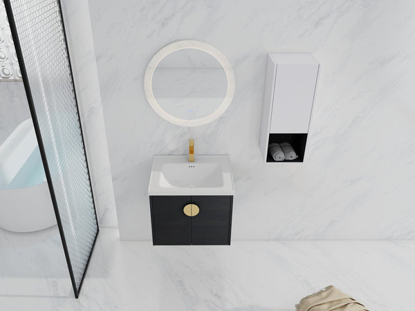 English Elm 24" Wall-Mounted Bathroom Vanity With Ceramic Sink & Side Cabinet - Soft Close Doors, Stylish Storage W999S00328