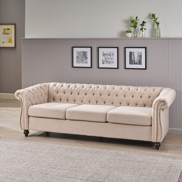 English Elm Sofa Chesterfield Three Seat Tufted Scrolled Arm Nailhead Living Room Formal Piece 68014.00FBGE
