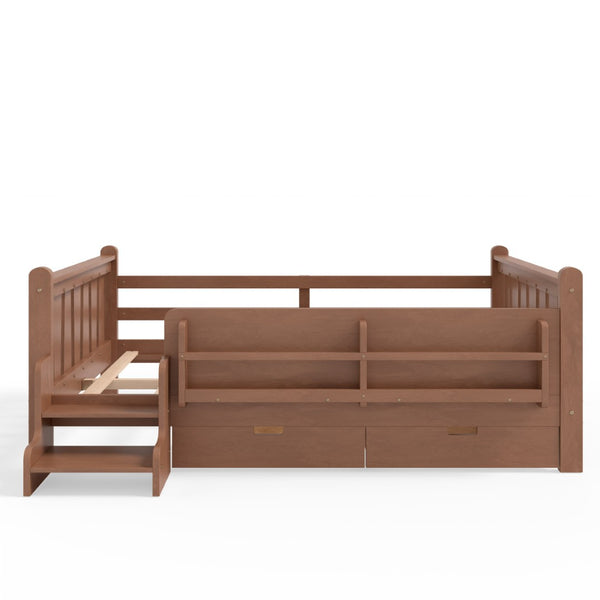 English Elm Twin Kids Platform Bed with Trundle Staircase Bookshelf and Rounded Safety Rails Natural W1580S00540