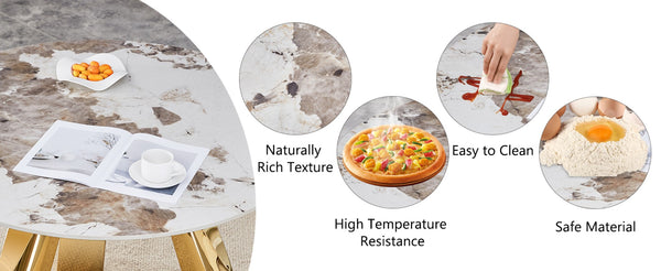 English Elm Table 7-Piece Dining Set: 42-Inch White Imitation Marble Round Table With 6 Gold-Leg Chairs W2920S00050-GIGA