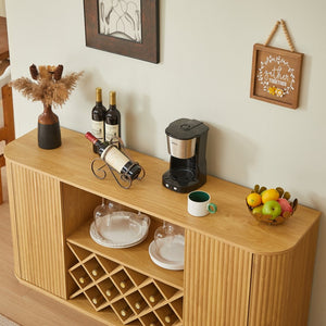 English Elm 58" Wavy Curved Sideboard with Wine Rack Glassware Holder and Adjustable Shelves Natural W1162P386374