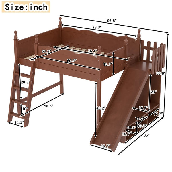 English Elm Twin Loft Bed Solid Pine Frame with Wardrobe Shelving Detachable Slide Kids Room Antique Natural W5305S00025