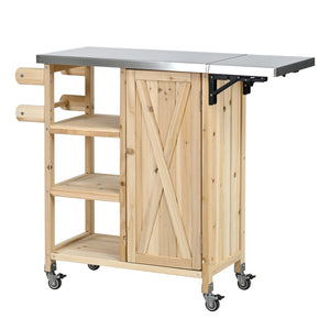 English Elm Foldable Outdoor Kitchen Cart with Stainless Worktop Fir Wood Frame and Lockable Wheels Natural N719P380281N