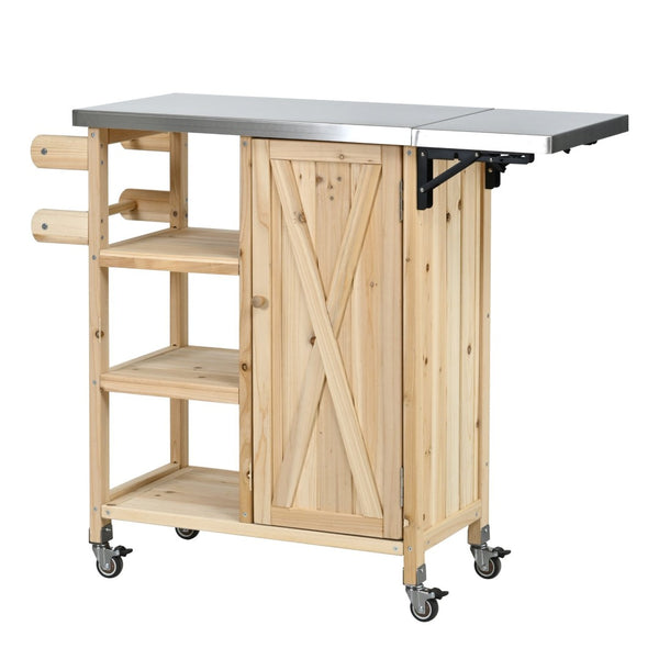 English Elm Foldable Outdoor Kitchen Cart with Stainless Worktop Fir Wood Frame and Lockable Wheels Natural N719P380281N