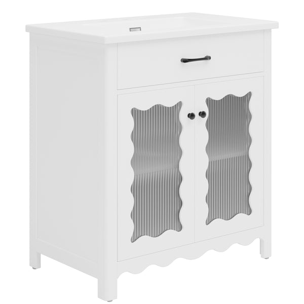 English Elm Christopher Knight Home® - 30 Inches Bathroom Vanity With Tempered Glass Doors, Space-Saving Design, White Rubber Wood Style N817P299499W
