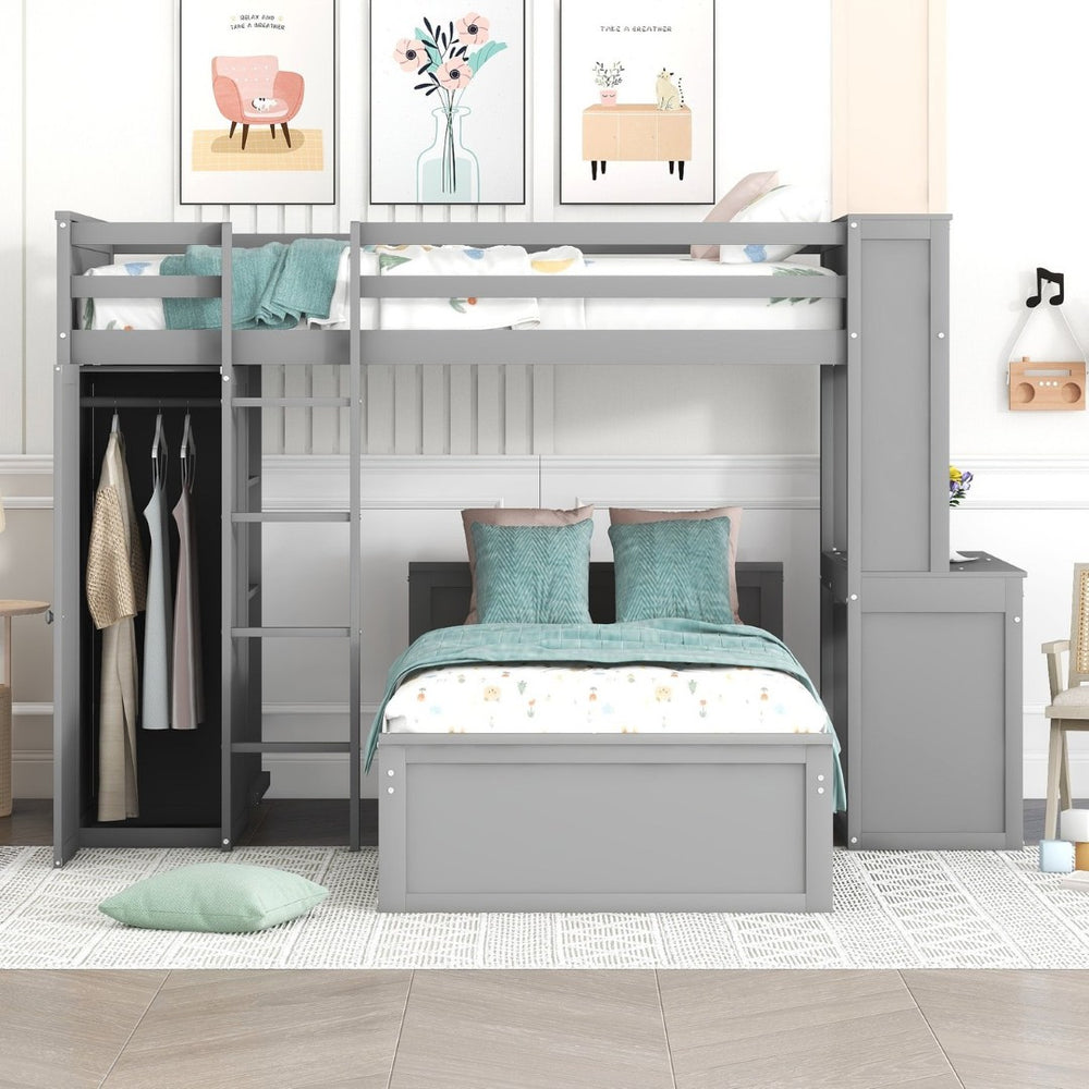 English Elm Twin Loft Bed System with Wardrobe Desk and Shelving for Kids Shared Bedroom Gray LT000820AAE-1