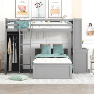 English Elm Twin Loft Bed System with Wardrobe Desk and Shelving for Kids Shared Bedroom Gray LT000820AAE-1