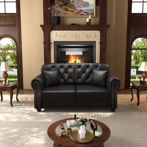 English Elm 63"upholstered Faux Leather Loveseat Mid-century Chesterfield with Tufting and Nailhead Detail Black W1885S00424