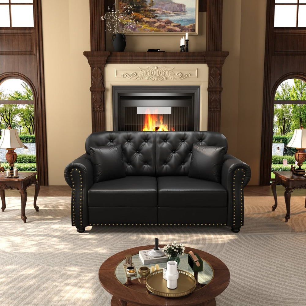 English Elm 63"upholstered Faux Leather Loveseat with Tufting Nailhead Trim Chesterfield Style Black W1885P469596
