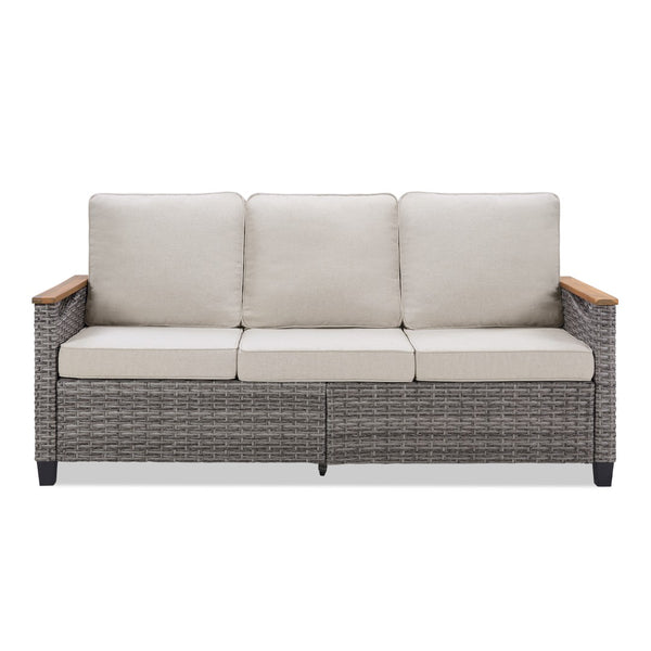 English Elm 73.2" Outdoor Handwoven Rattan 3 Seat Sofa with Olefin Cushions for Porch or Patio Beige T3773P418279