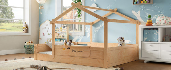 English Elm Queen House Shaped Kids Floor Bed Pine Wood Frame with Guardrails and Personalized Headboard Natural W1580P396335
