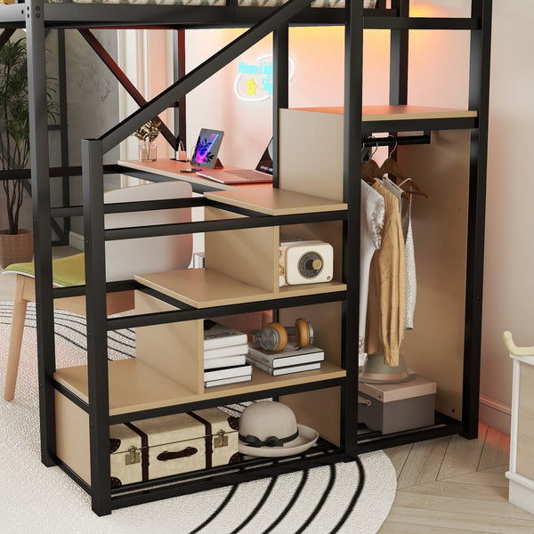 English Elm Full Loft Bed with Desk and Charging Station, Metal Loft with Stairs, Wardrobe, Shelves & Light Black W2580S00047