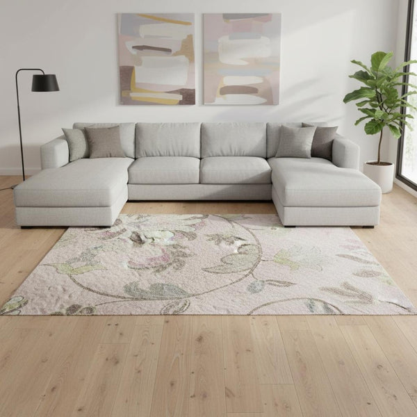 HomeRoots 10' X 14' Floral Area Rug in Soft Pink and Gray - Washable, UV Protected, Ideal for Homes with Kids & Pets 679000