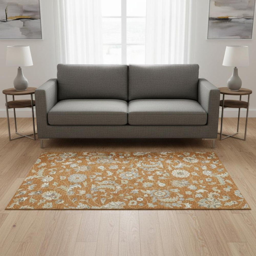 HomeRoots 5' X 8' Washable Floral Area Rug in Rust, Gray & Beige – Stain Resistant, UV Protected & Non-Slip! 679002
