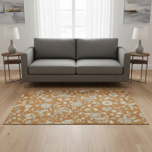 HomeRoots 5' X 8' Washable Floral Area Rug in Rust, Gray & Beige – Stain Resistant, UV Protected & Non-Slip! 679002