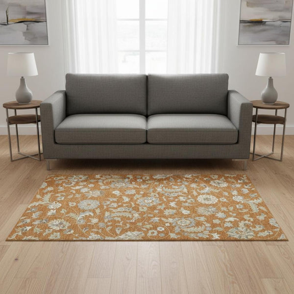 HomeRoots 5' X 8' Washable Floral Area Rug in Rust, Gray & Beige – Stain Resistant, UV Protected & Non-Slip! 679002