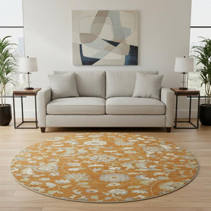 HomeRoots 8' Washable Round Rug with Rust Gray Beige Floral Design, UV Protection & Durable Polyester for Any Space 679003