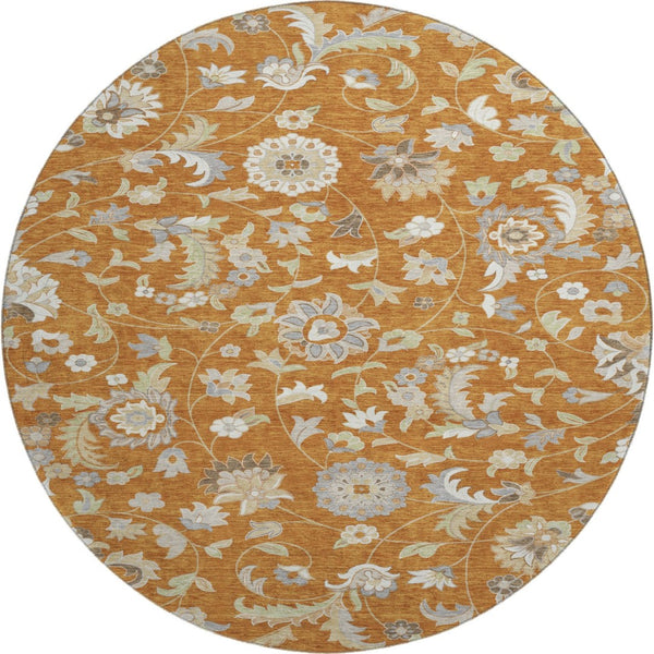 HomeRoots 8' Washable Round Rug with Rust Gray Beige Floral Design, UV Protection & Durable Polyester for Any Space 679003