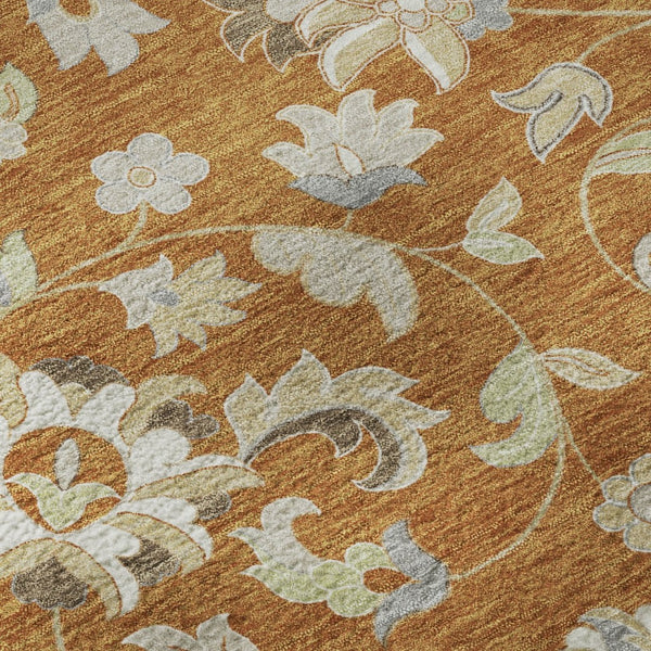 HomeRoots 8' Washable Round Rug with Rust Gray Beige Floral Design, UV Protection & Durable Polyester for Any Space 679003