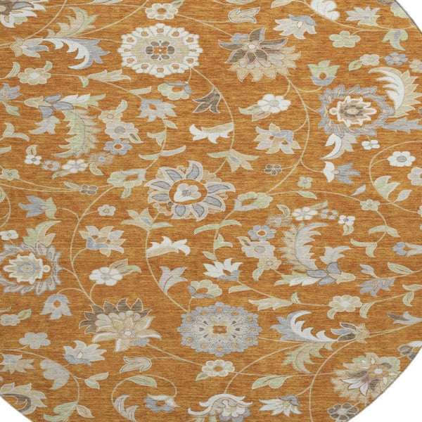 HomeRoots 8' Washable Round Rug with Rust Gray Beige Floral Design, UV Protection & Durable Polyester for Any Space 679003