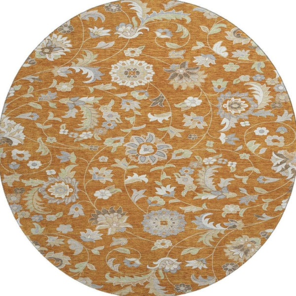 HomeRoots 8' Washable Round Rug with Rust Gray Beige Floral Design, UV Protection & Durable Polyester for Any Space 679003