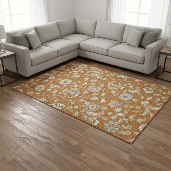 HomeRoots 8' X 10' Elegant Rust Gray & Beige Floral Area Rug - Washable, Stain Resistant, UV Protected Charm 679004