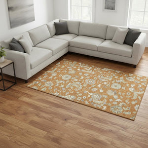 HomeRoots 9' X 12' Floral Area Rug in Rust, Gray & Beige - Washable, UV Protected, Durable & Stylish Decor Accent 679005