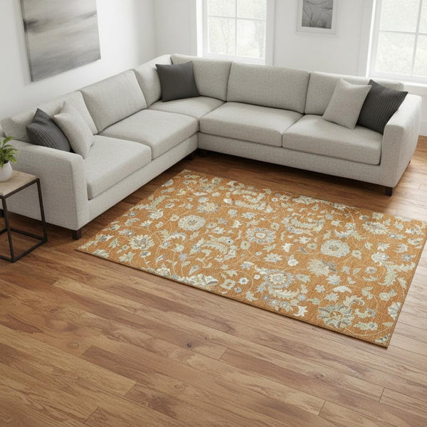 HomeRoots 9' X 12' Floral Area Rug in Rust, Gray & Beige - Washable, UV Protected, Durable & Stylish Decor Accent 679005