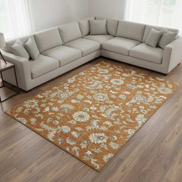 HomeRoots 10' X 14' Floral Area Rug in Rust Gray & Beige – Washable, UV Protected, Ideal for Family Spaces 679006