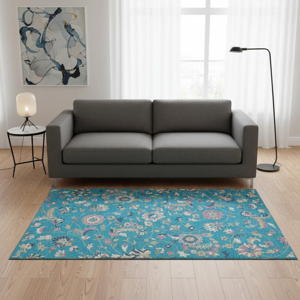 HomeRoots 5' X 8' Teal Pink Copper Floral Area Rug - Washable, UV Protected, Stain Resistant, Stylish Comfort 679008