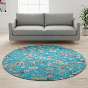 HomeRoots 8' Teal Pink Copper Floral Washable Round Rug - Durable, UV Protected, and Easy Care for Any Room 679009